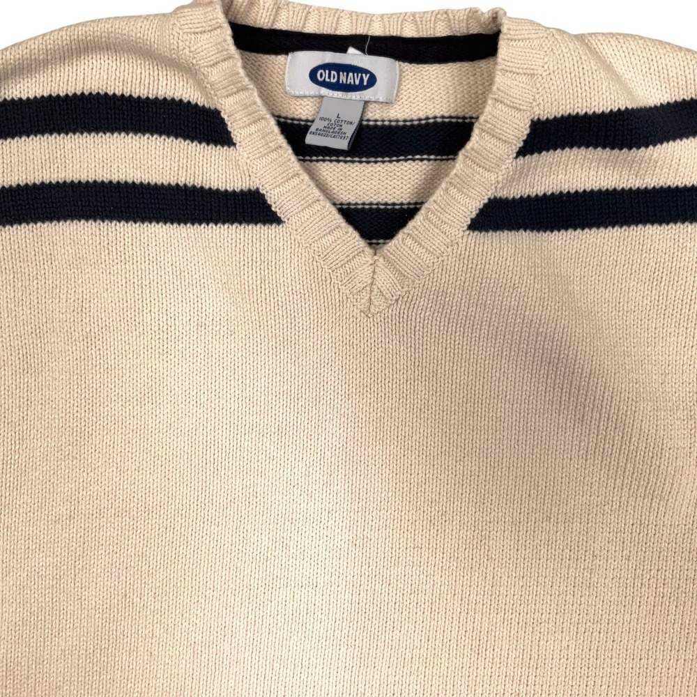 Old Navy Sweater Mens Large Cream Navy Stripe‎ Nautical Academia Cotton Knit VTG